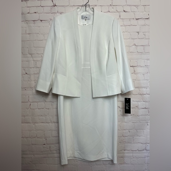 Le Suit Crepe Open Front Jacket & Crewneck Sheath Dress Suit - Picture 1 of 14